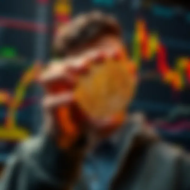 A person holding a Bitcoin coin, looking determined while observing digital price charts, symbolizing the impact of selling on Bitcoin's value.