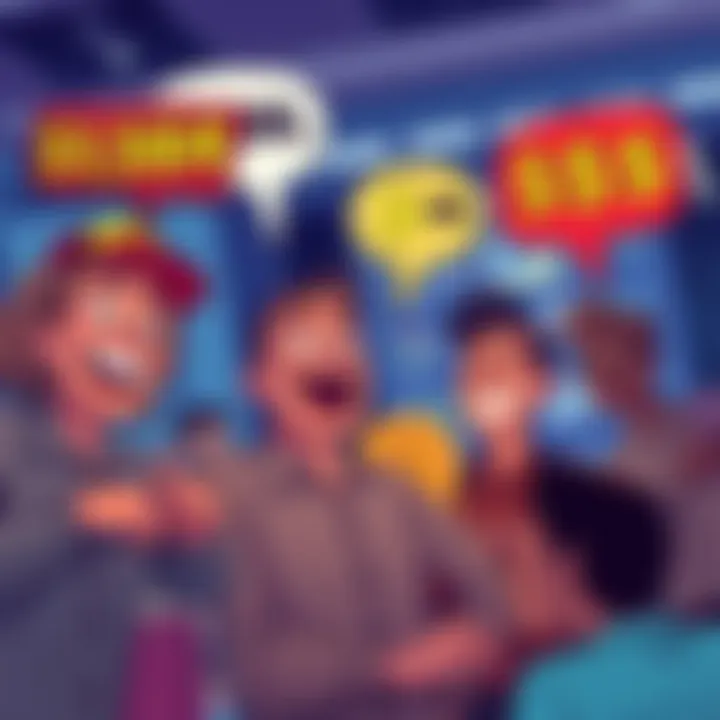 A cartoonish representation of people laughing and sharing wild bitcoin price predictions, with exaggerated numbers in speech bubbles.