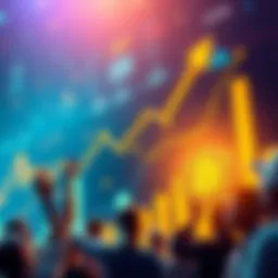 A chart showing Bitcoin's price increasing with arrows indicating upward movement and people looking excited about investments