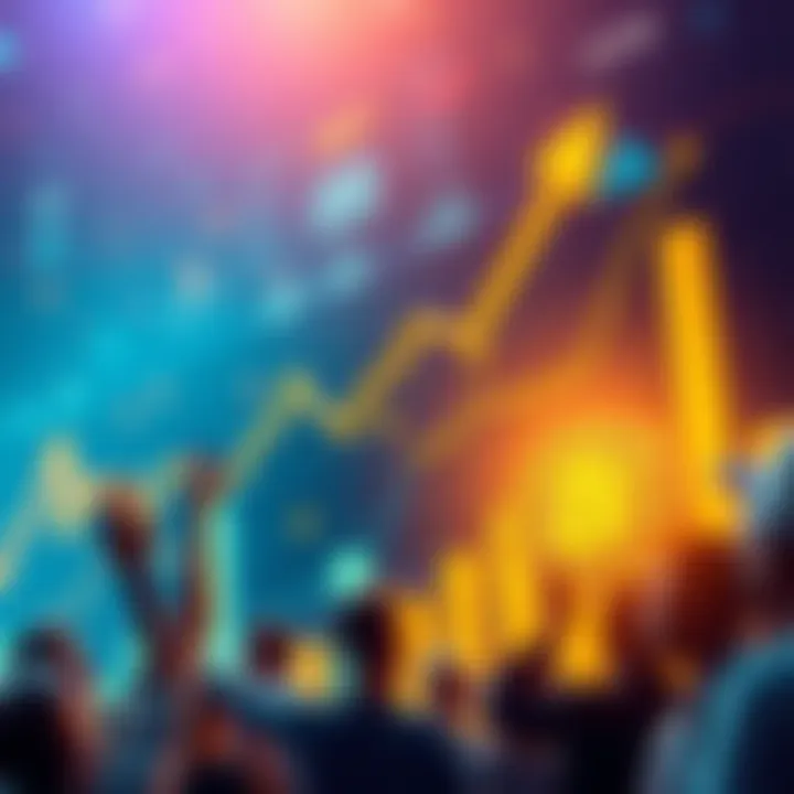 A chart showing Bitcoin's price increasing with arrows indicating upward movement and people looking excited about investments