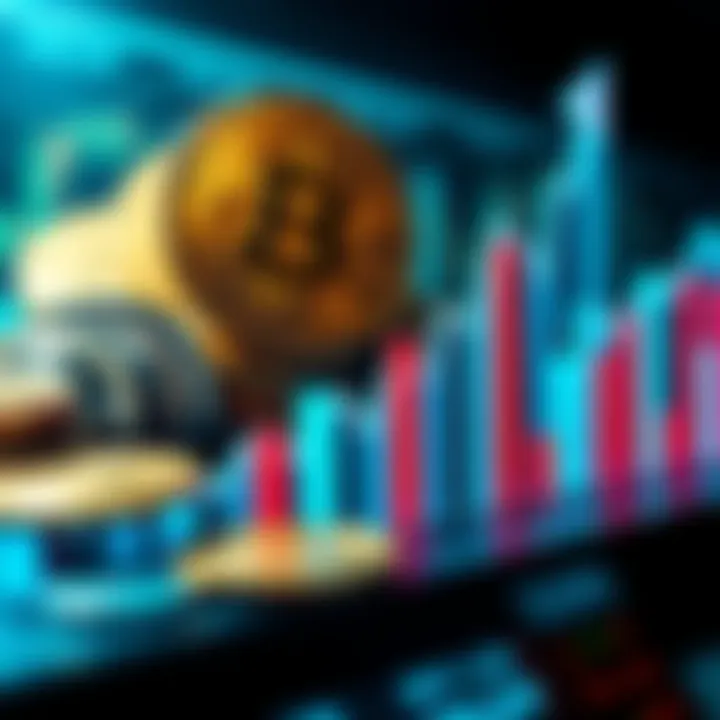 Graph showing rising Bitcoin prices with upward arrows and coins in the background