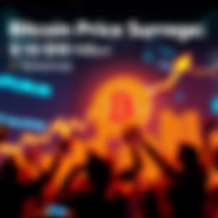 Graph showing Bitcoin price rising sharply, reaching $10 million, with excited investors in the background.