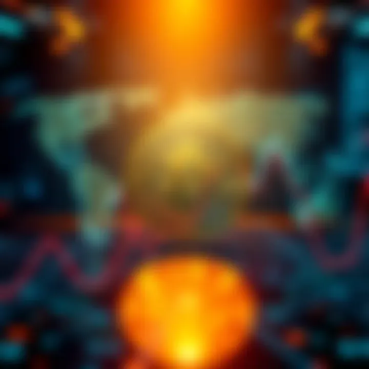 Bitcoin logo with a rising graph and a backdrop of global maps indicating geopolitical tensions