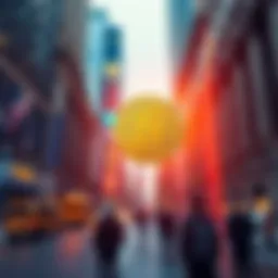 Chart showing Bitcoin price rising with Wall Street figures in the background