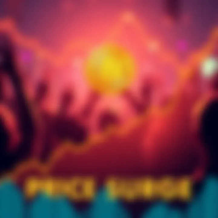 A graph showing Bitcoin prices rising sharply with excited people in the background celebrating the increase.