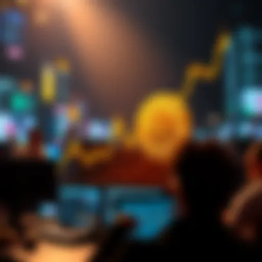 A visual representation of Bitcoin's price increasing on a graph, with excited investors looking at their screens, symbolizing renewed interest in cryptocurrency.