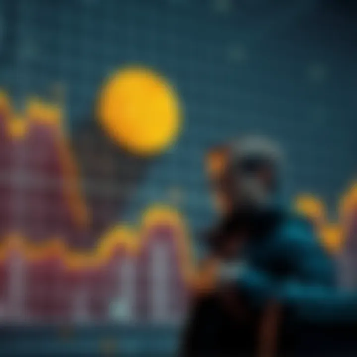 A graph showing a downward trend in Bitcoin prices with a worried investor looking on.