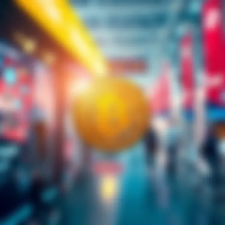 A visual representation of Bitcoin marketing efforts with promotional banners and social media icons in the background.