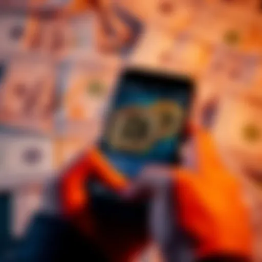 A person holding a smartphone displaying a Bitcoin wallet, with a blurred background of dollar bills.