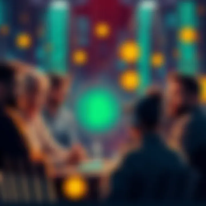 A group of Bitcoin enthusiasts discussing security threats from quantum computing, surrounded by blockchain-themed graphics and digital currency symbols.
