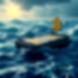 A raft made of Bitcoin floating in a turbulent sea of fiat currency, symbolizing economic stability.