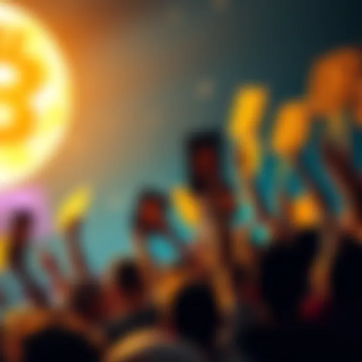 Bitcoin Rally A group of enthusiastic people holding up Bitcoin signs and cheering as prices rise in the crypto market.