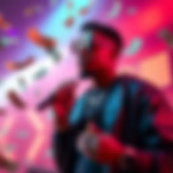 A rapper performing in a vibrant setting with dollar bills floating around, symbols of blockchain technology in the background.
