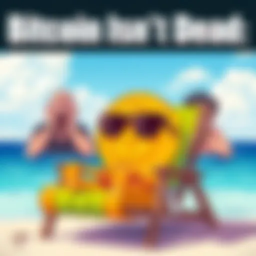 A cartoon Bitcoin character wearing sunglasses, lounging on a beach chair, while critics look shocked in the background.
