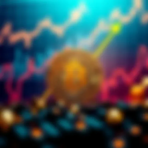A Bitcoin symbol in front of a graph showing an upward trend amidst economic symbols like oil and inflation icons