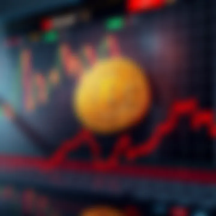 Bitcoin symbol with a strong upward trend on a graph, contrasting against a backdrop of declining market indicators.
