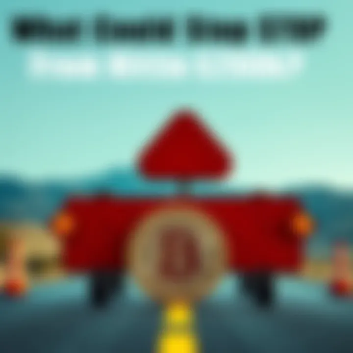 A Bitcoin symbol in front of a roadblock sign, representing obstacles to reaching $200k