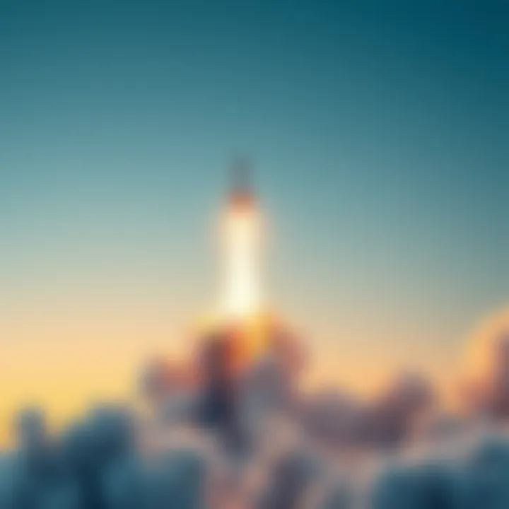 A rocket symbolizing Bitcoin's rise, soaring upward against a blue sky with a graph showing upward trends in the background.