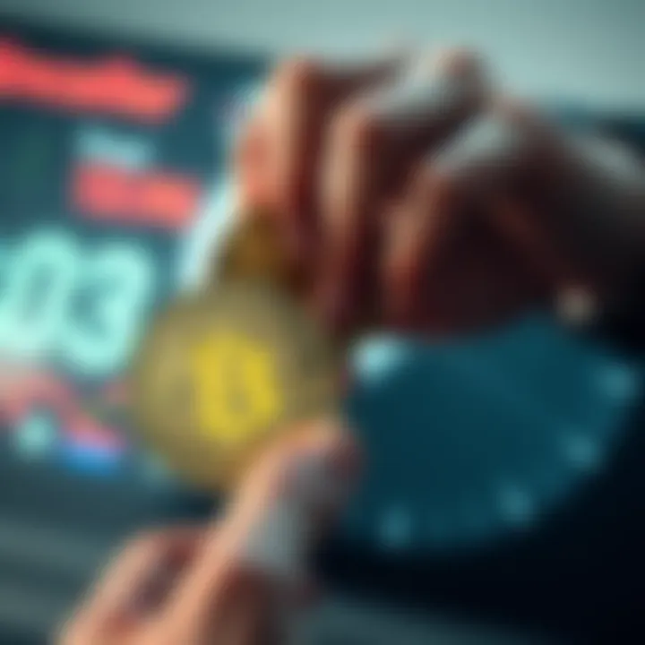 A person holding two shiny Bitcoin coins with a timer in the background, emphasizing urgency to sell quickly