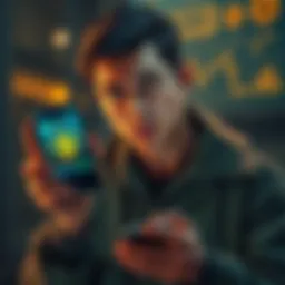 A worried person holding a smartphone showing Bitcoin prices dropping, with a distressed expression, symbolizing loss in investment.