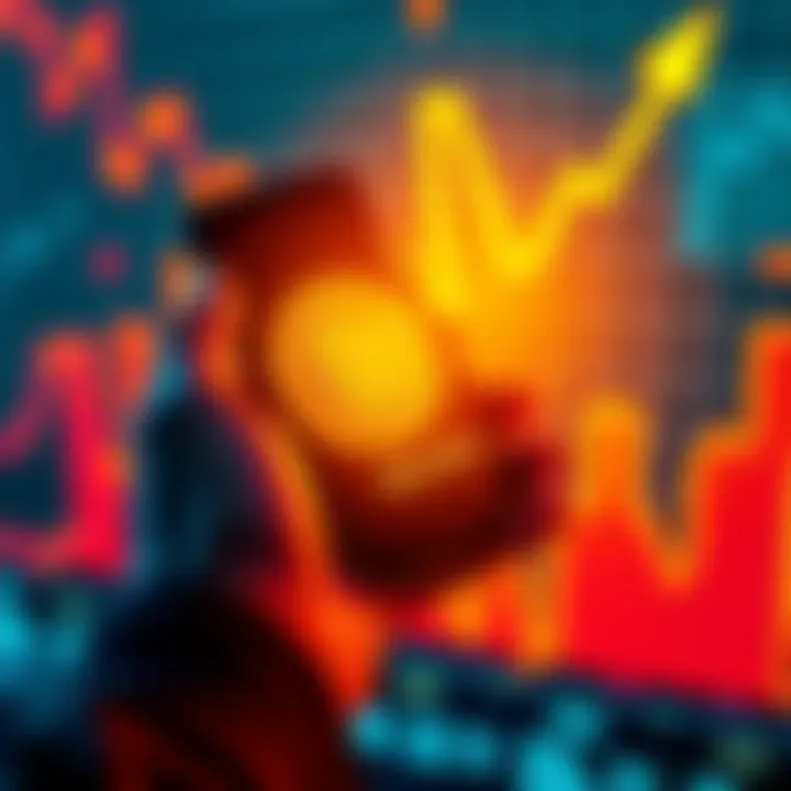 A person holding a smartphone displaying Bitcoin satoshis with a graph showing upward trends in the background.
