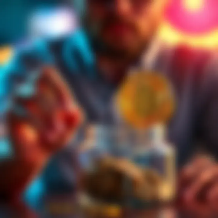 Bitcoin and Savings Concept A person holding a Bitcoin symbol while looking at a savings jar, symbolizing the shift from gambling to saving.