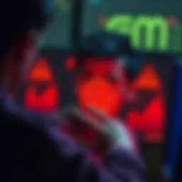 A concerned person looking at Bitcoin on a computer screen with warning signs around