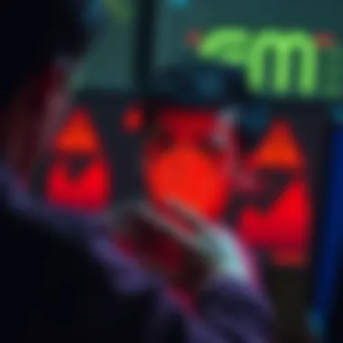 A concerned person looking at Bitcoin on a computer screen with warning signs around