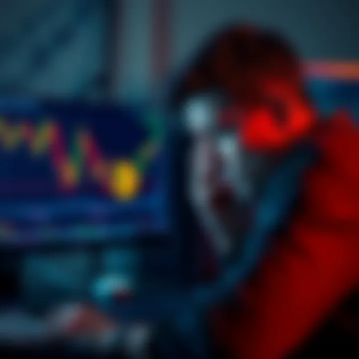 A worried person looking at a computer screen showing bitcoin graphs and losing money, feeling distressed about a scam