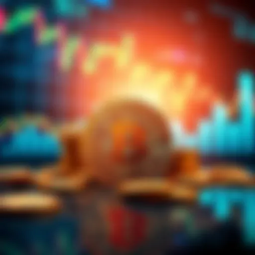 A visual representation of Bitcoin coins becoming fewer as market volatility increases, with a background showing fluctuating graphs.