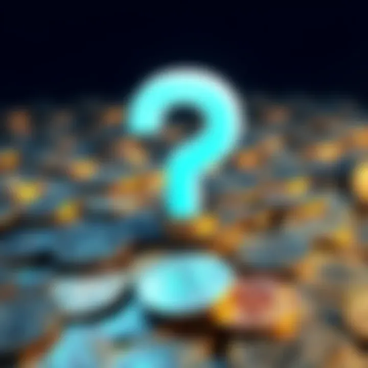 A pile of Bitcoin coins with a large question mark above, representing uncertainty about Bitcoin's value and scarcity debate.