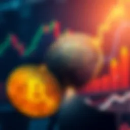 Bitcoin symbol with a backdrop of a graph showing upward trends and dollar signs