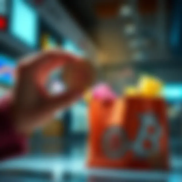 A person holding a Bitcoin coin while contemplating a shopping bag filled with luxury items, symbolizing the choice between spending Bitcoin now or saving for the future.