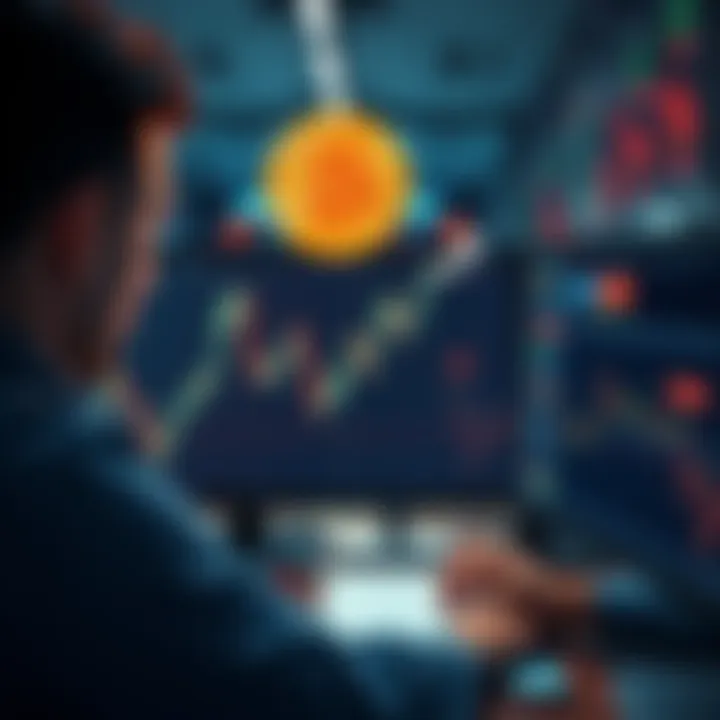 A graph showing Bitcoin's decline compared to a rising stock market, with confused investors looking at their screens.