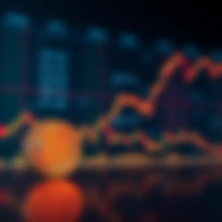 A downward trend line represents Bitcoin prices against a background of stock market charts, showing a declining market.