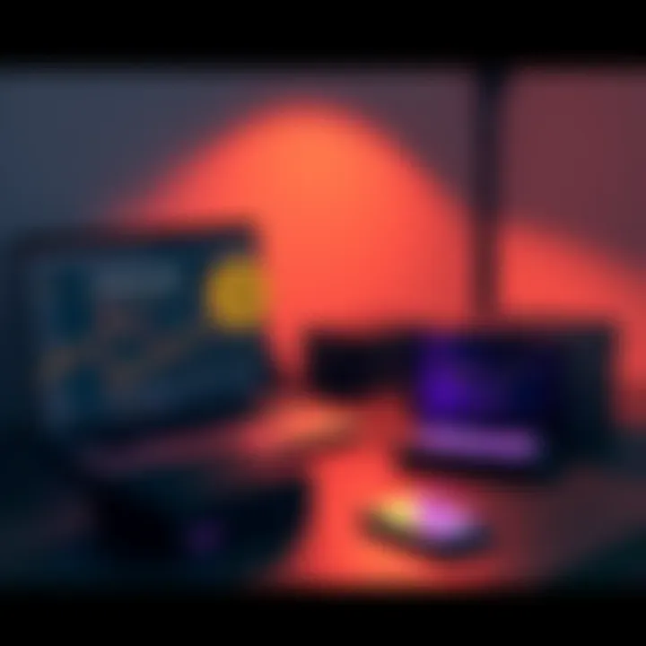 A simple and secure Bitcoin storage setup featuring a laptop, hardware wallet, and backup components on a desk.