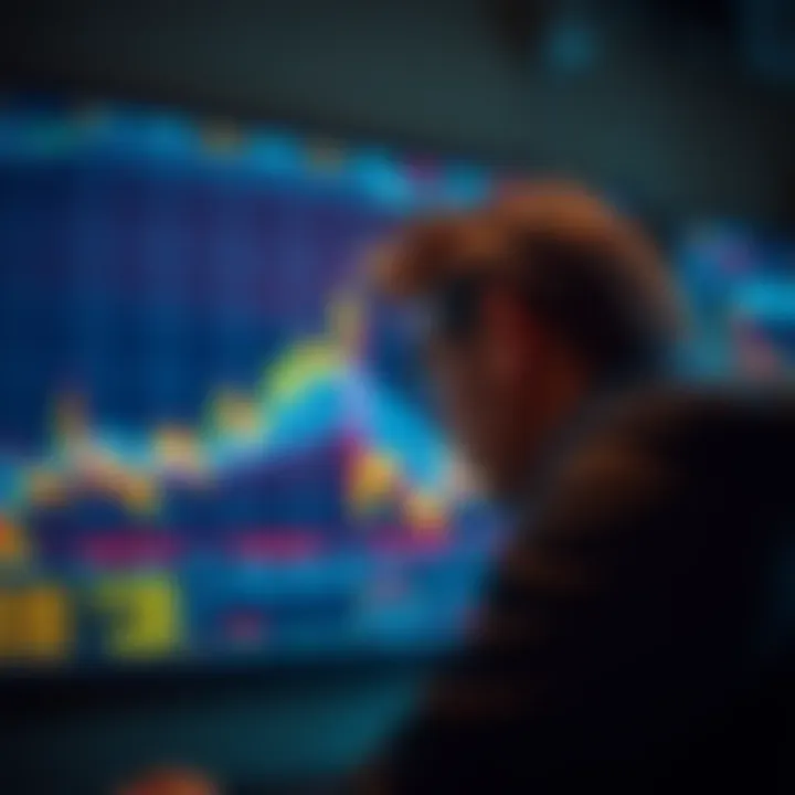 A person looking at a fluctuating Bitcoin graph on a screen, showing signs of stress and contemplation.