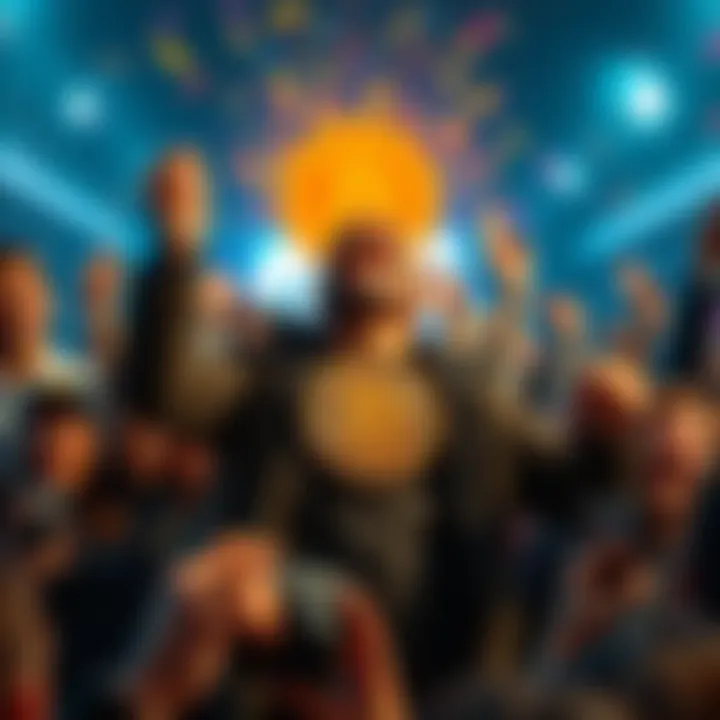Individual joyfully celebrating after achieving one whole Bitcoin, surrounded by supportive community members.