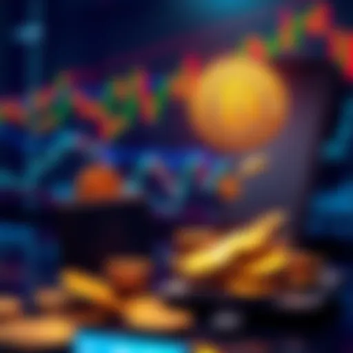 Visual representation of Bitcoin supply transfer, showing coins moving between wallets against a backdrop of fluctuating market charts.