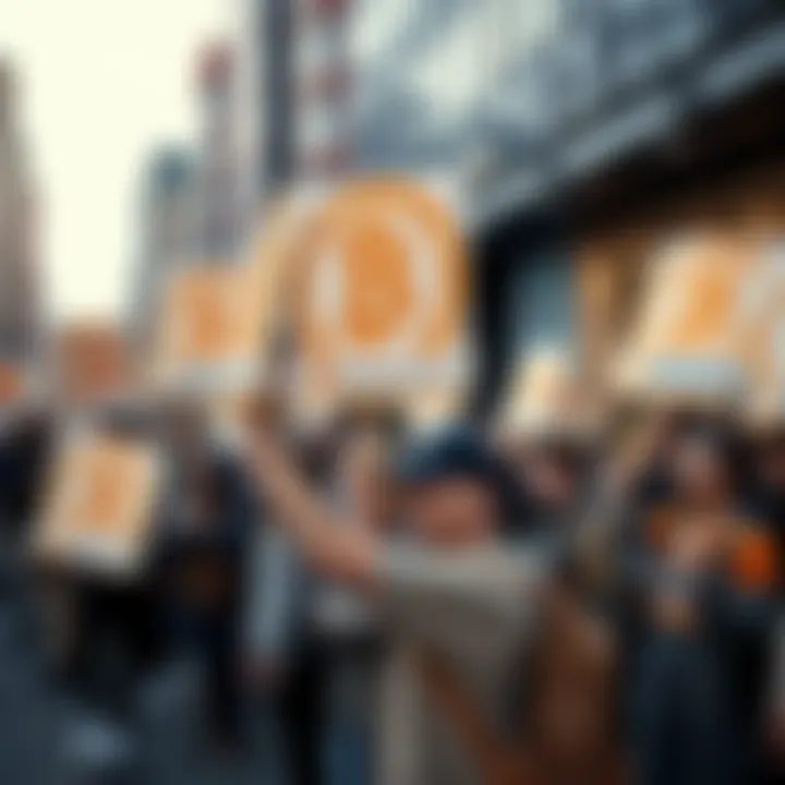 A group of Bitcoin supporters holding signs promoting businesses that accept Bitcoin payments, set against an urban backdrop.