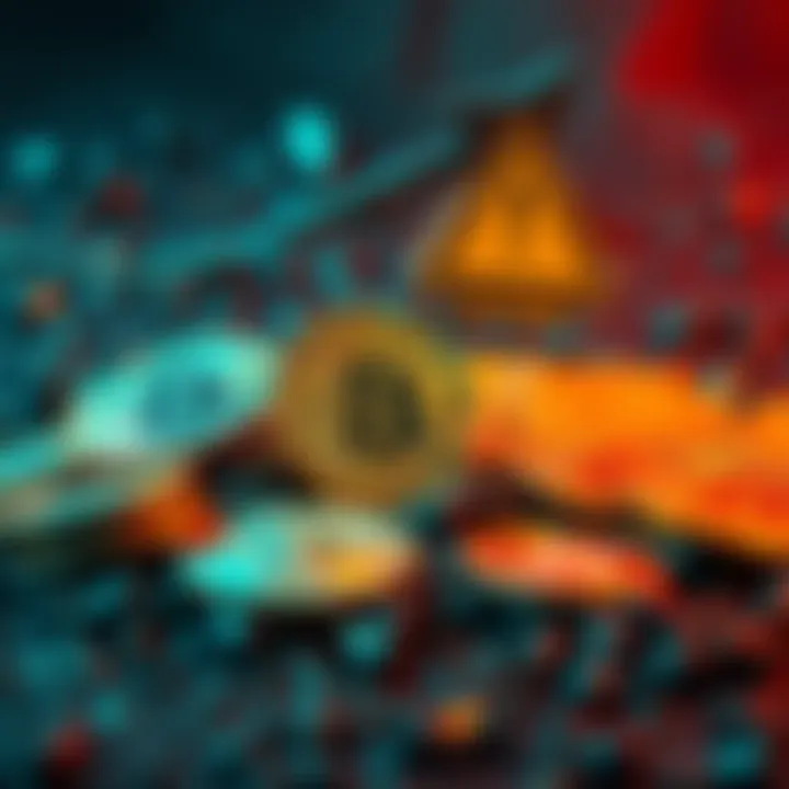 A graphic showing Bitcoin coins with an upward arrow representing a surge, with a warning sign for bag holders.