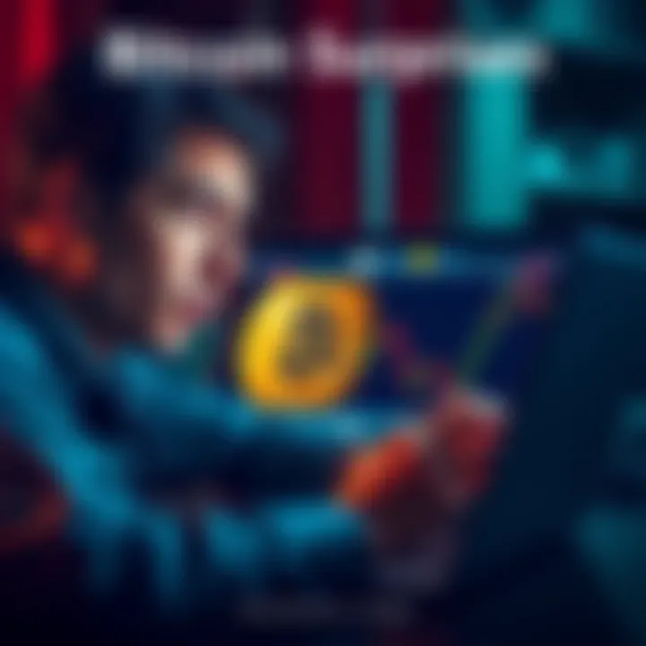 A person looking surprised while examining a Bitcoin chart on a laptop, showing sudden price changes.