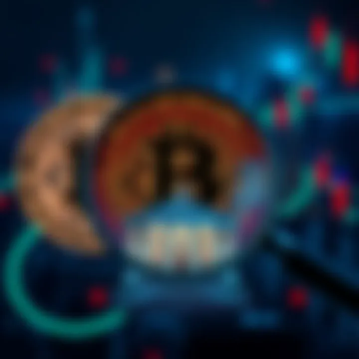 A graphic showing Bitcoin symbols intertwined with a magnifying glass and a government building, representing tracking and monitoring of digital assets.