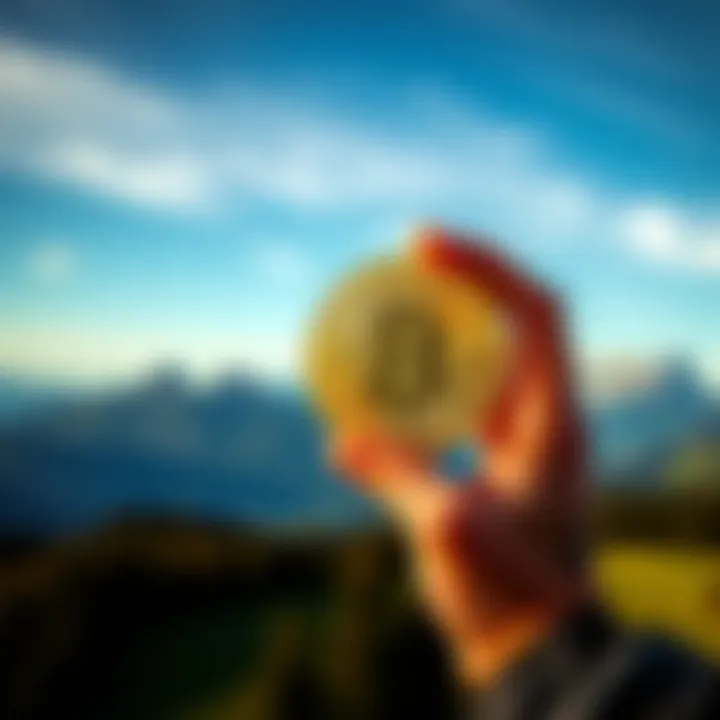 Bitcoin in Switzerland A person holding a Bitcoin symbol in front of a scenic Swiss landscape with mountains and a clear sky.
