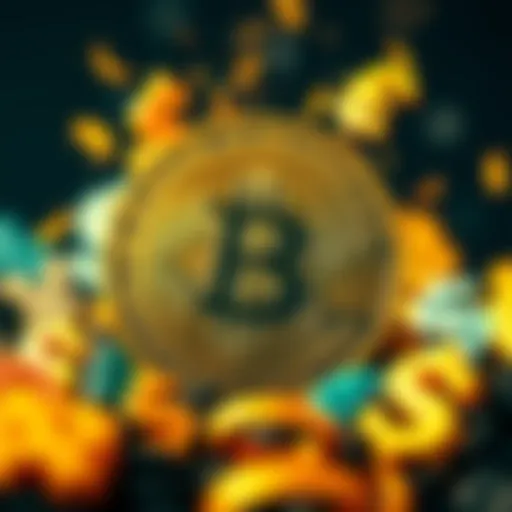 A Bitcoin symbol surrounded by various currency signs representing financial transformation