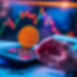 A person calculating taxes with a Bitcoin symbol on a calculator and graphs in the background.