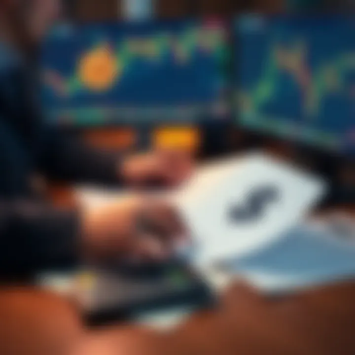 A trader analyzing Bitcoin charts with tax documents and a calculator on the desk.