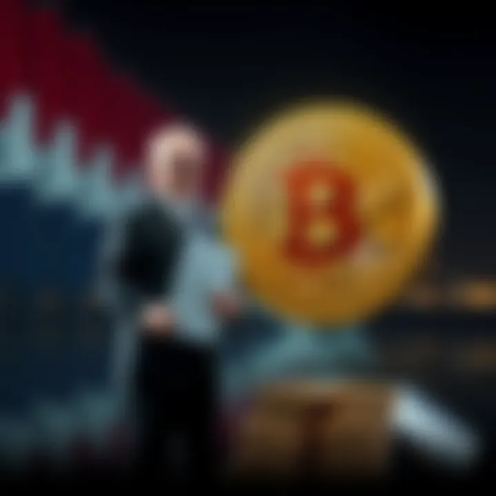 Bitcoin tax announcement in Netherlands A government official stands next to a Bitcoin symbol with tax documents, symbolizing new regulations affecting cryptocurrency in the Netherlands.