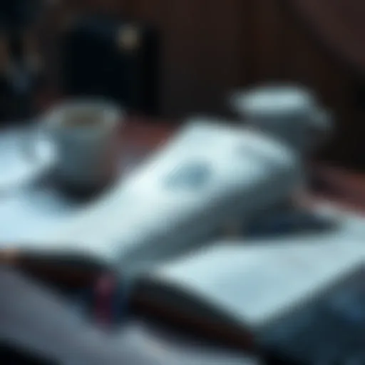 A Bitcoin textbook opened on a desk with notes and a coffee cup beside it.