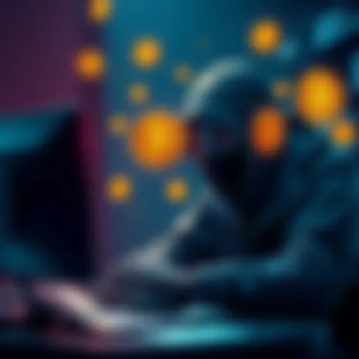 Illustration of a masked thief using a computer to steal Bitcoin, with digital currency symbols floating around